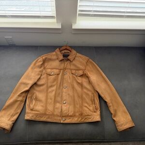 AllSaints Denton Suede Trucker Jacket in Havana Brown